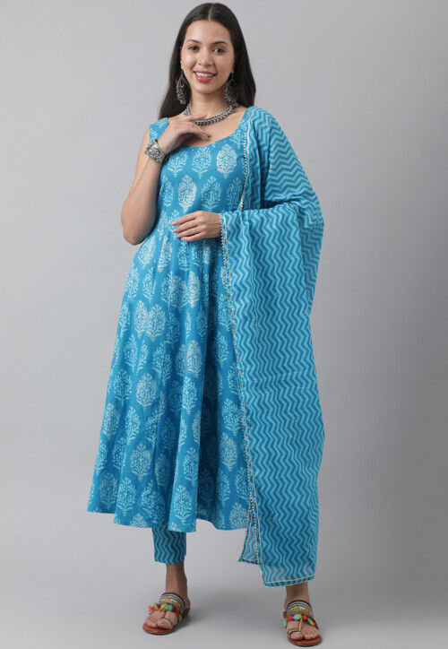 Printed Pure Cotton Anarkali Suit in Blue
