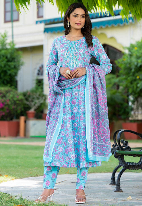 Printed Pure Cotton Anarkali Suit in Light Blue