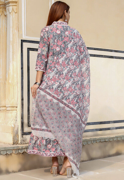 Buy Printed Pure Cotton Anarkali Suit in Light Grey Online : KMQS129 ...