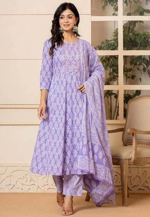 Buy Printed Pure Cotton Anarkali Suit in Light Purple Online KJL1624 Utsav Fashion