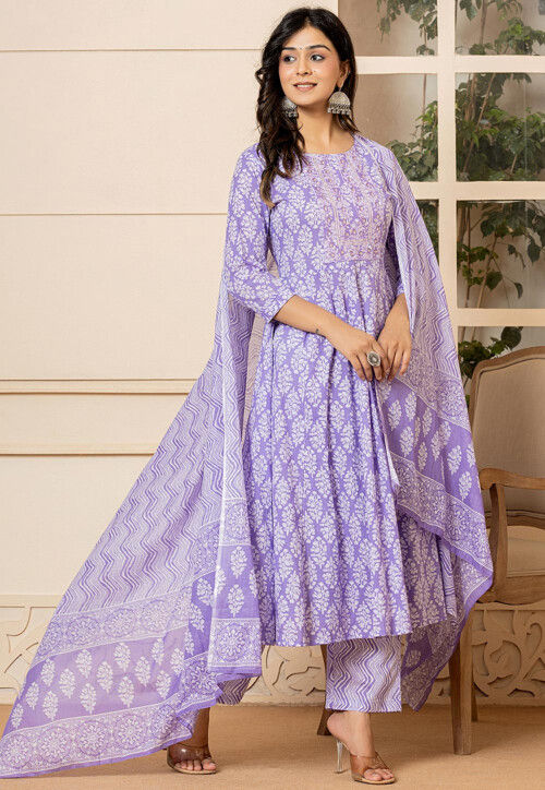 Printed Pure Cotton Anarkali Suit in Light Purple