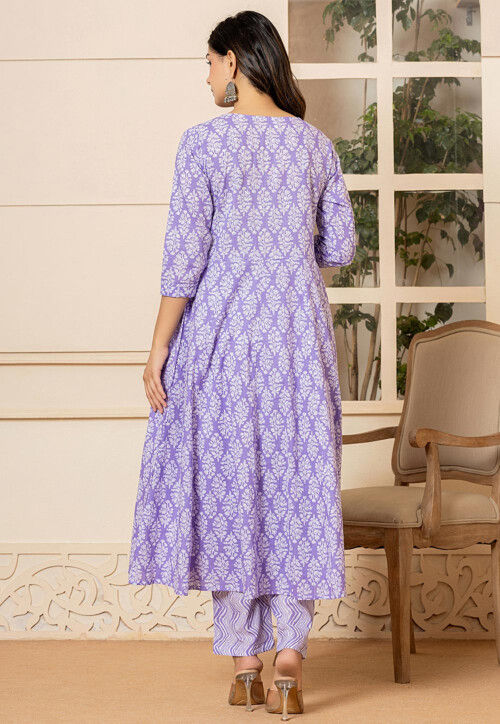 Printed Pure Cotton Anarkali Suit in Light Purple