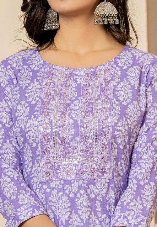Printed Pure Cotton Anarkali Suit in Light Purple