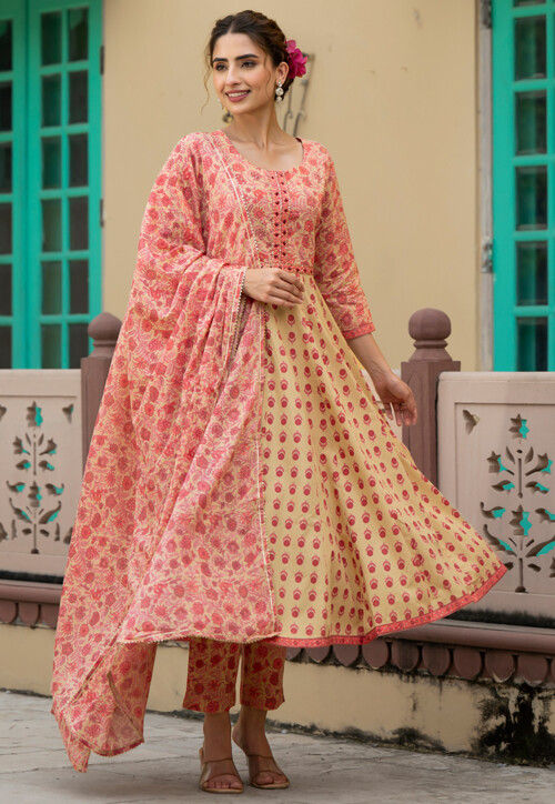 Printed Pure Cotton Anarkali Suit in Light Yellow