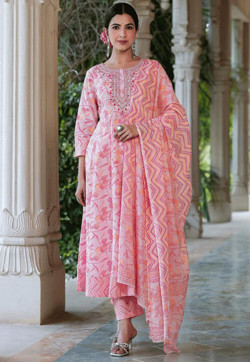 Buy Printed Pure Cotton Anarkali Suit in Pink Online KJL933 Utsav Fashion