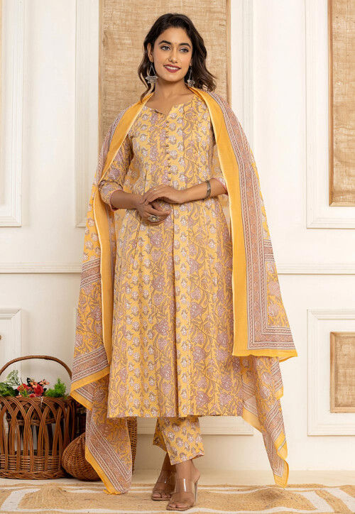 Buy Printed Pure Cotton Anarkali Suit in Yellow Online KJL1497 Utsav Fashion