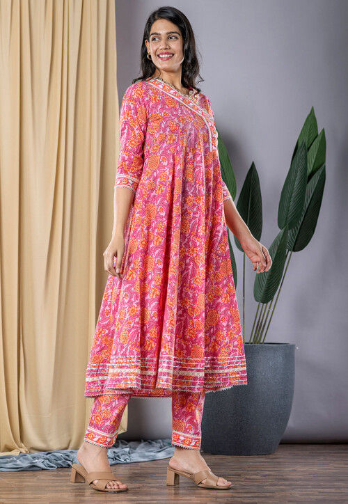 Womens Pink Printed Flared Short Kurti With Angrakha Style main image 0