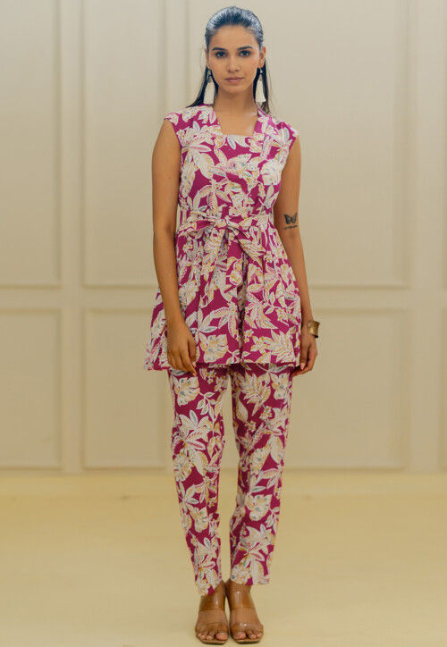 Printed Pure Cotton Co Ord Set in Fuchsia