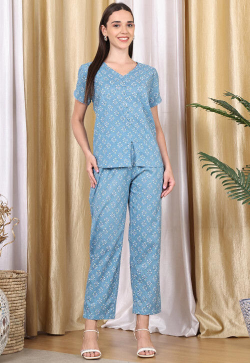 Printed Pure Cotton Co Ord Set in Light Blue