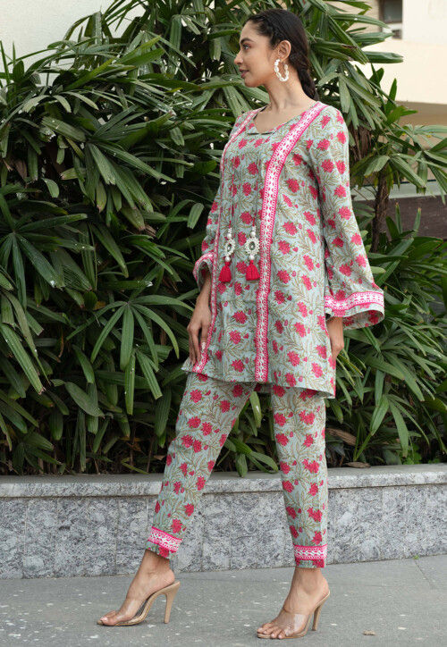 Printed Pure Cotton Co Ord Set in Light Green