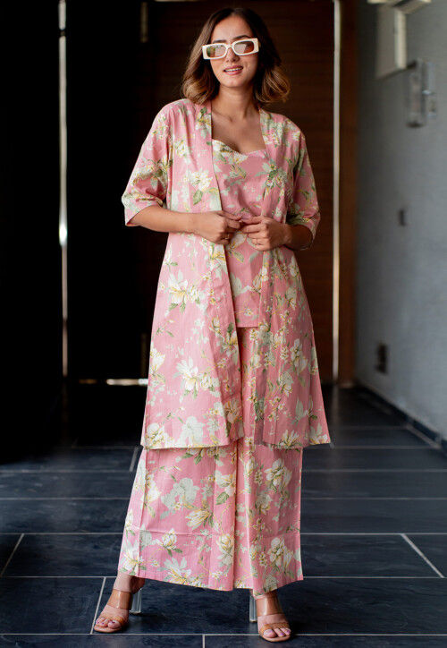 Printed Pure Cotton Co Ord Set in Light Pink
