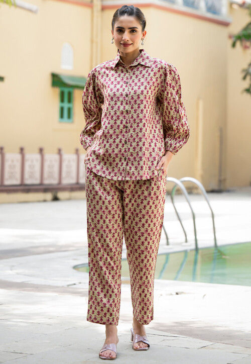 Printed Pure Cotton Co Ord Set in Pastel Green