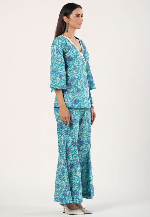 Printed Pure Cotton Co Ord Set in Pastel Green