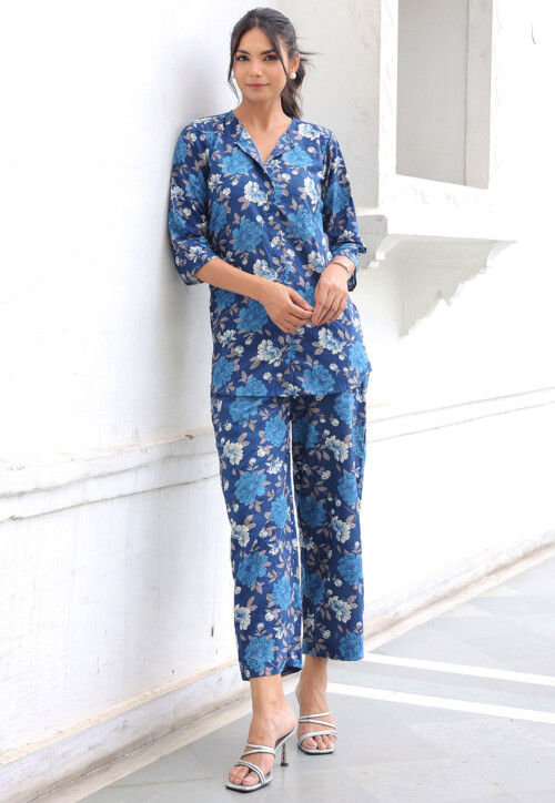 Printed Pure Cotton Co Ord Set in Royal Blue