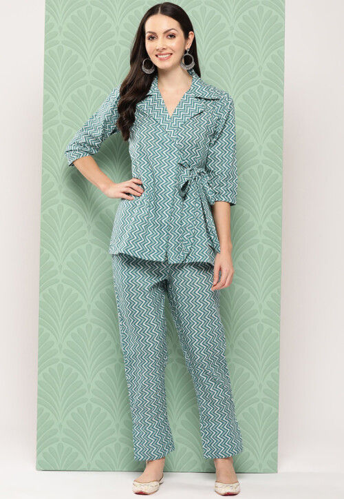 Printed Pure Cotton Co Ord Set in Teal Green