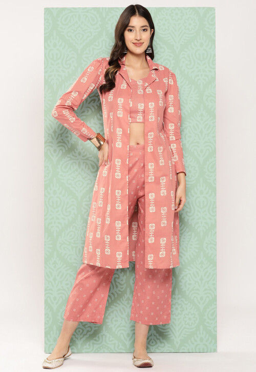 Printed Pure Cotton Crop Top Set with Jacket in Peach