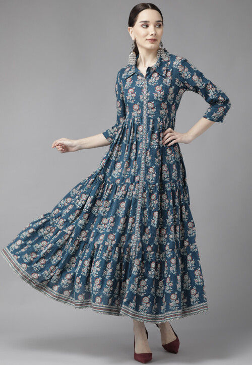 Printed Pure Cotton Dress in Dark Teal Blue TXR547