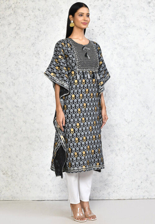 Printed Pure Cotton Kaftan in Black
