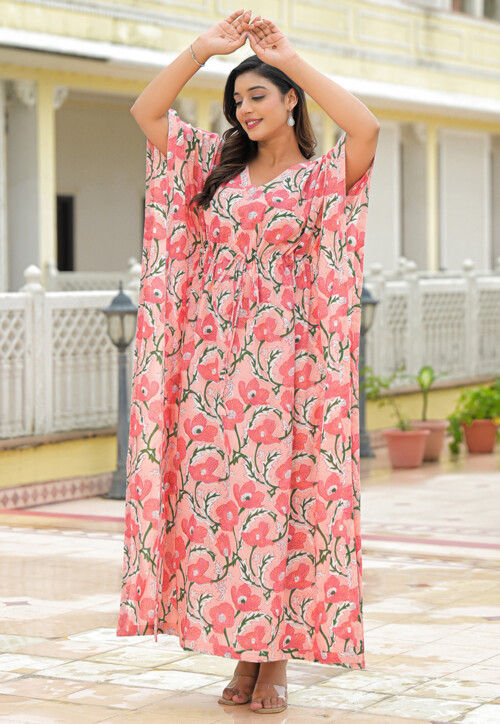 Printed Pure Cotton Kaftan Style Dress in Peach Printed Pure Cotton Kaftan Style Dress in Peach