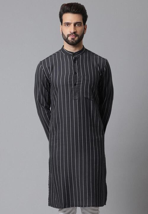 Printed Pure Cotton Kurta in Charcoal Black