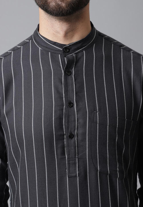 Printed Pure Cotton Kurta in Charcoal Black