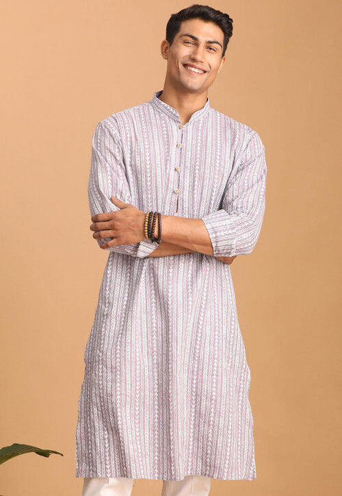 Printed Pure Cotton Kurta in Light Purple
