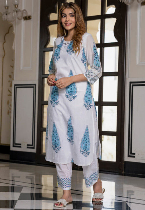 Men'S White Printed Pure Cotton Kurta