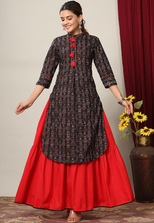 Designer Black and Red Silk Semi-Stitched Lehenga Skirt – Glitter Gleam