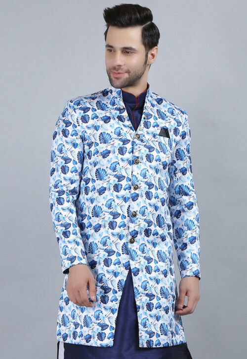 Printed Pure Cotton Long Jacket in White