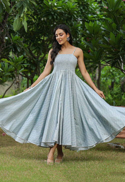 Printed Pure Cotton Lurex Maxi Dress in Sky Blue