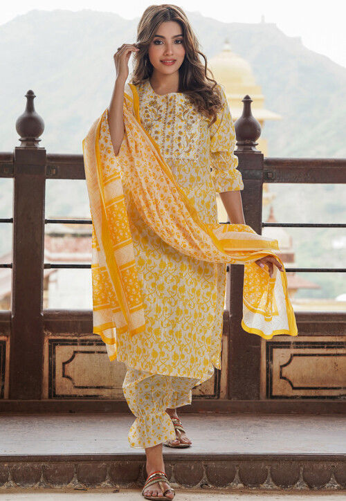 Printed Pure Cotton Lurex Pakistani Suit in Off White and Yellow