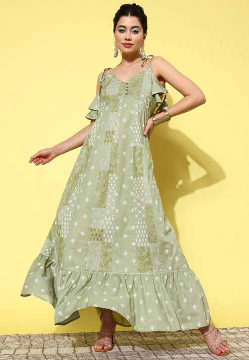 Printed Pure Cotton Maxi Dress in Dusty Green