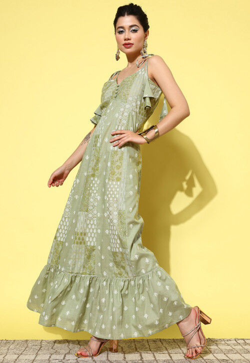 Printed Pure Cotton Maxi Dress in Dusty Green