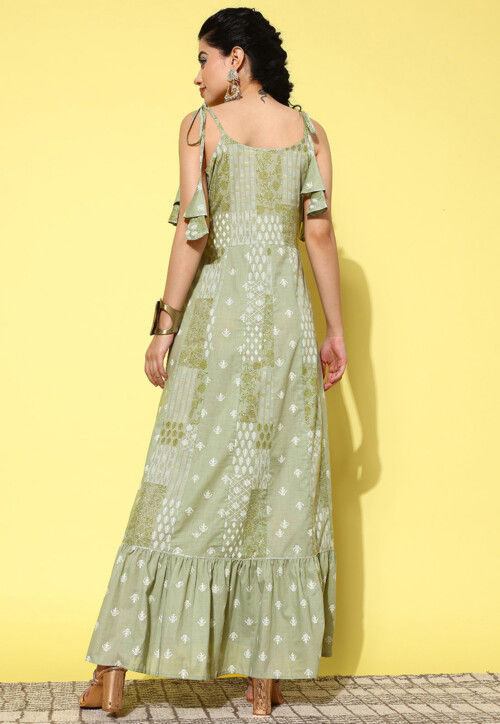 Printed Pure Cotton Maxi Dress in Dusty Green