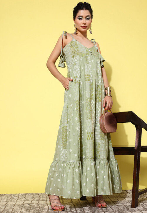 Printed Pure Cotton Maxi Dress in Dusty Green