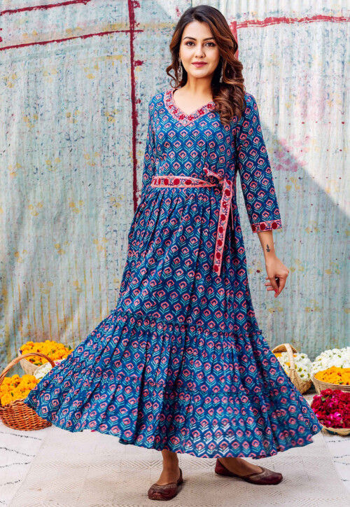 Buy Printed Pure Cotton Maxi Dress in Royal Blue Online TQM906