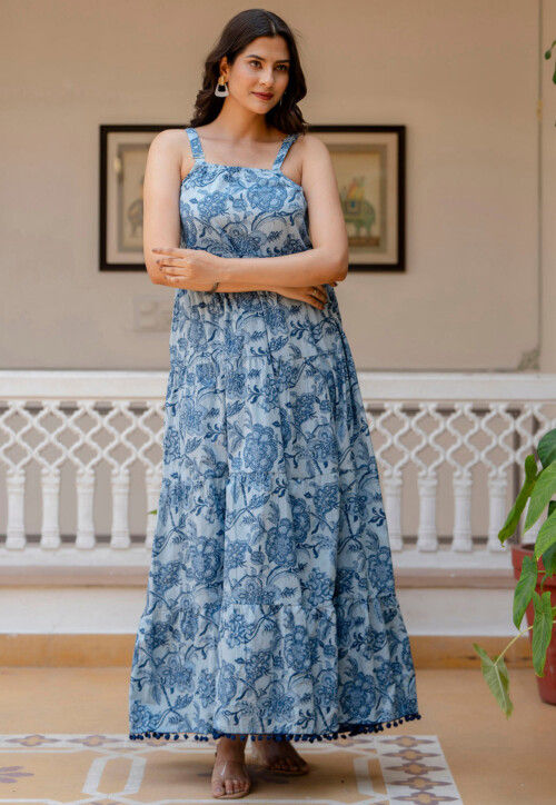 Buy Printed Pure Cotton Maxi Dress in Sky Blue Online TUV829 Utsav Fashion