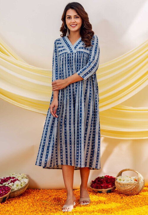 Printed Pure Cotton Midi Dress in Blue