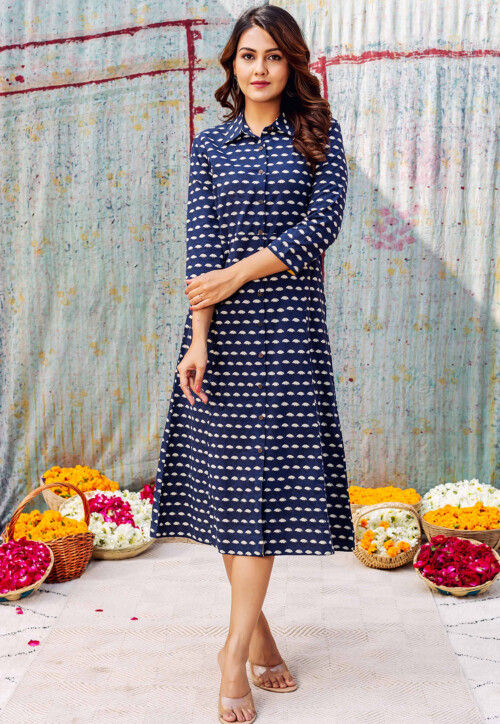 Buy Printed Pure Cotton Midi Dress in Dark Blue Online : TQM902 - Utsav  Fashion