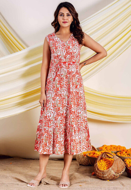 knee length dresses for ladies Afternoon Like This Ivory & Pink Floral Ruffle Tiered Cotton Midi Dress main image 1