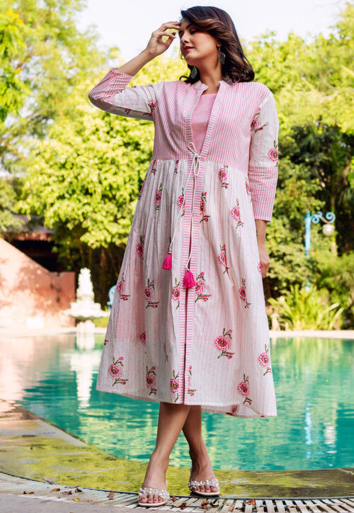 Buy Printed Pure Cotton Midi Dress with Jacket in Pink Online