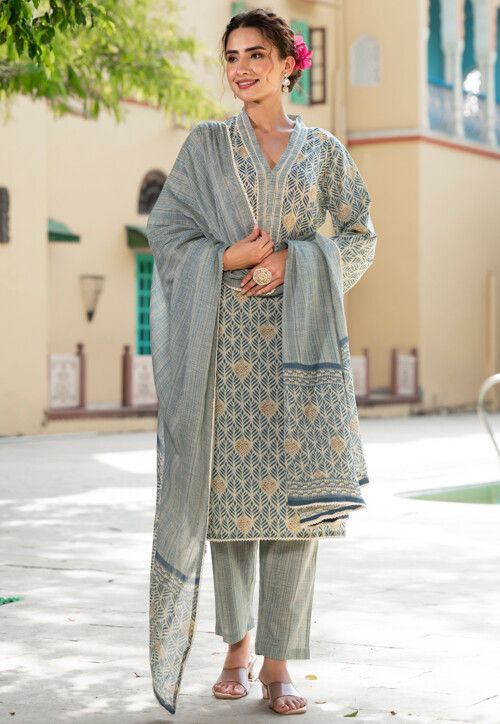 Printed Pure Cotton Pakistani Suit in Beige 