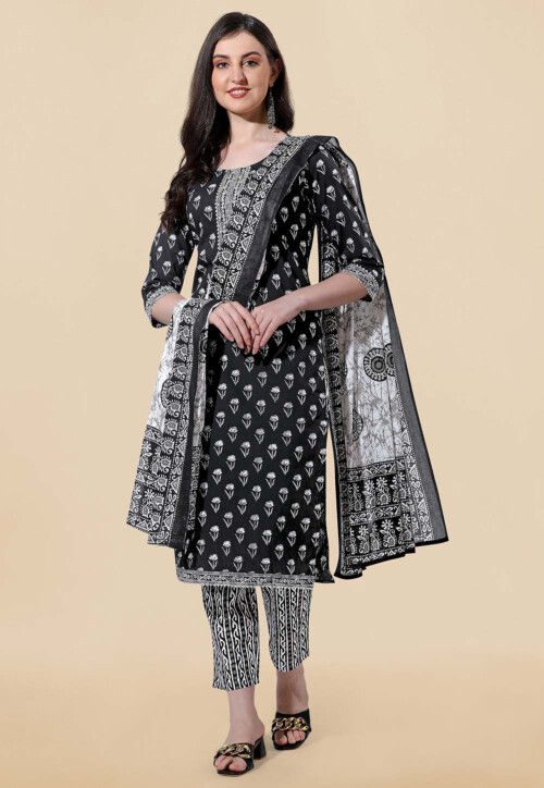 Printed Pure Cotton Pakistani Suit in Black