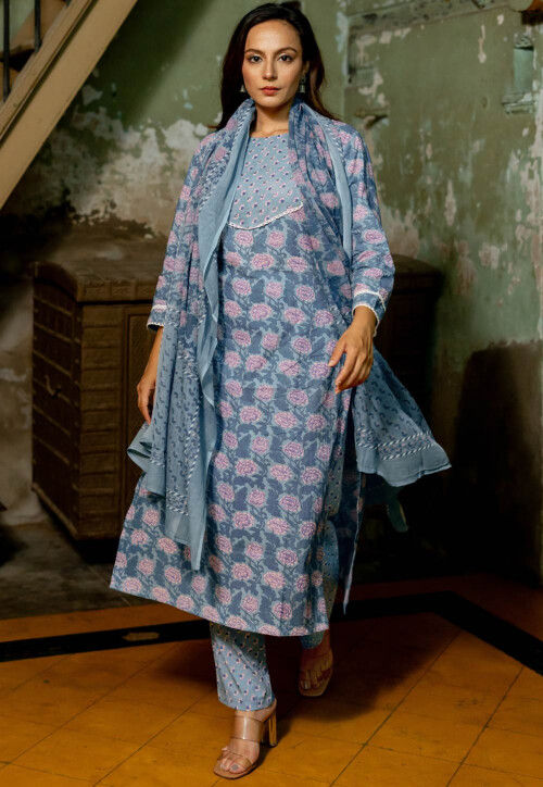 Printed Pure Cotton Pakistani Suit in Blue