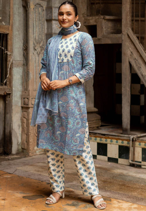 Printed Pure Cotton Pakistani Suit in Blue