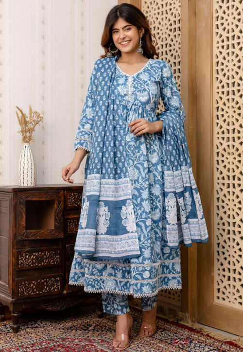 Printed Pure Cotton Pakistani Suit in Blue