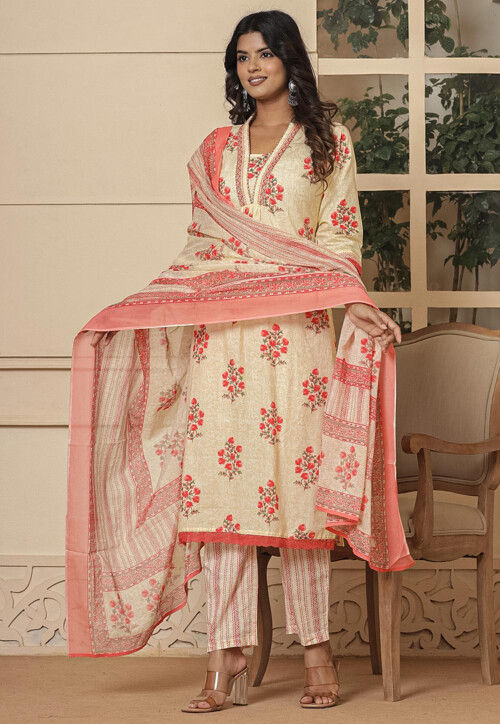 Printed Pure Cotton Pakistani Suit in Cream