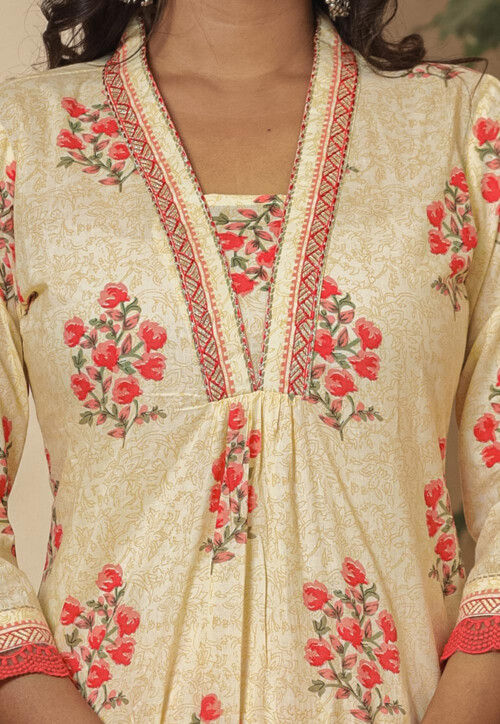 Printed Pure Cotton Pakistani Suit in Cream