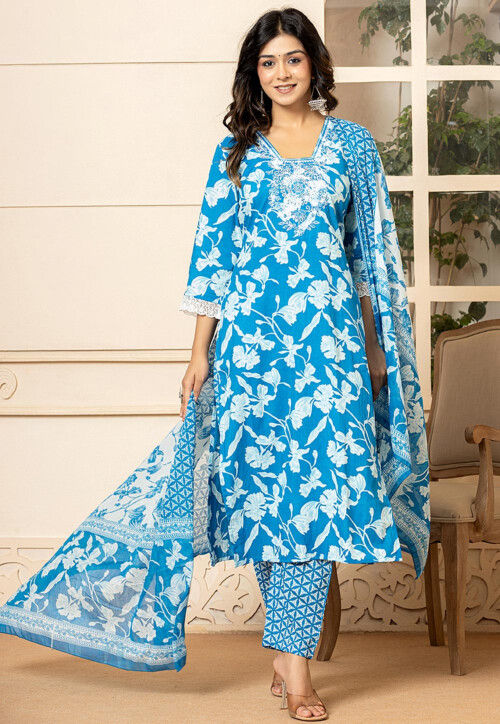 Buy Printed Pure Cotton Pakistani Suit in Dark Aqua Blue Online