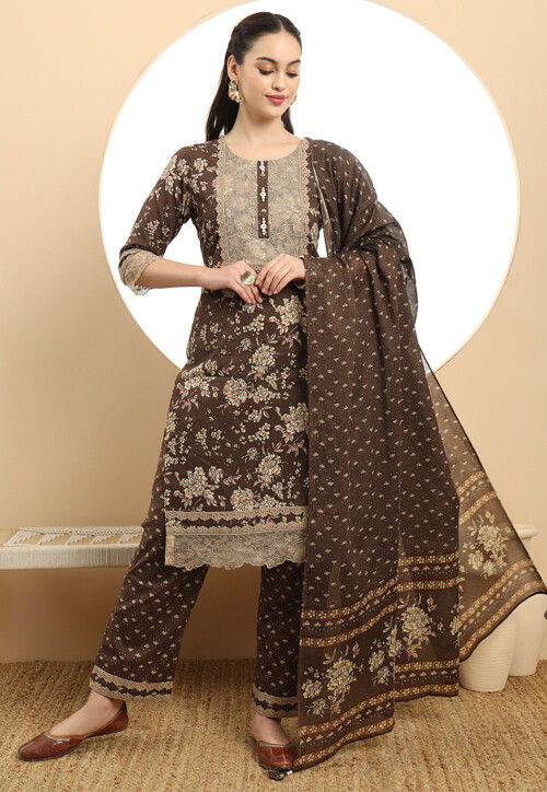 Printed Pure Cotton Pakistani Suit in Dark Brown